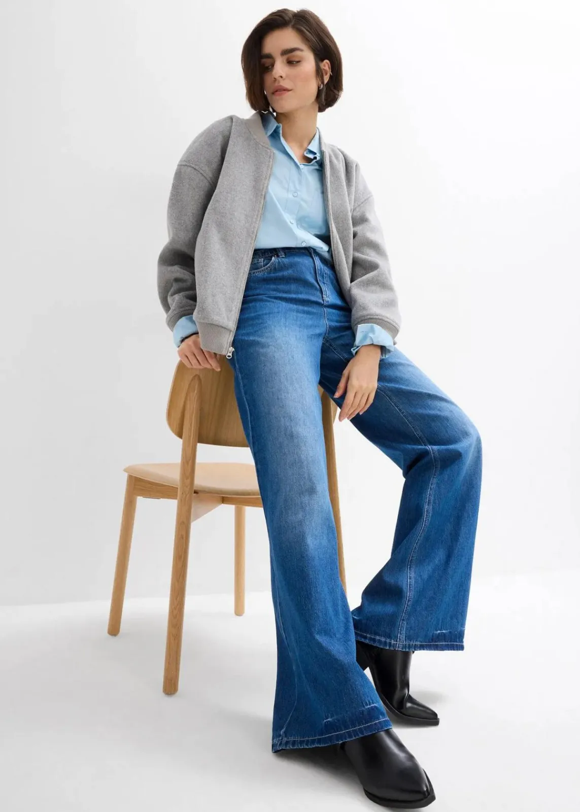 bonprix Kurzgrößen|Bekleidung·Shirts & Tops^Wide-Leg-Jeans, High Waist, Full Length Bequembund blau denim used