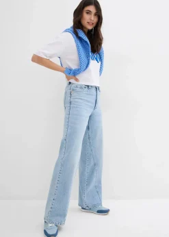 bonprix Bekleidung·Shirts & Tops|Jeans^Wide-Leg-Jeans High Waist, Low Stretch eisblau denim used