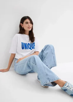 bonprix Bekleidung·Shirts & Tops|Jeans^Wide-Leg-Jeans High Waist, Low Stretch eisblau denim used