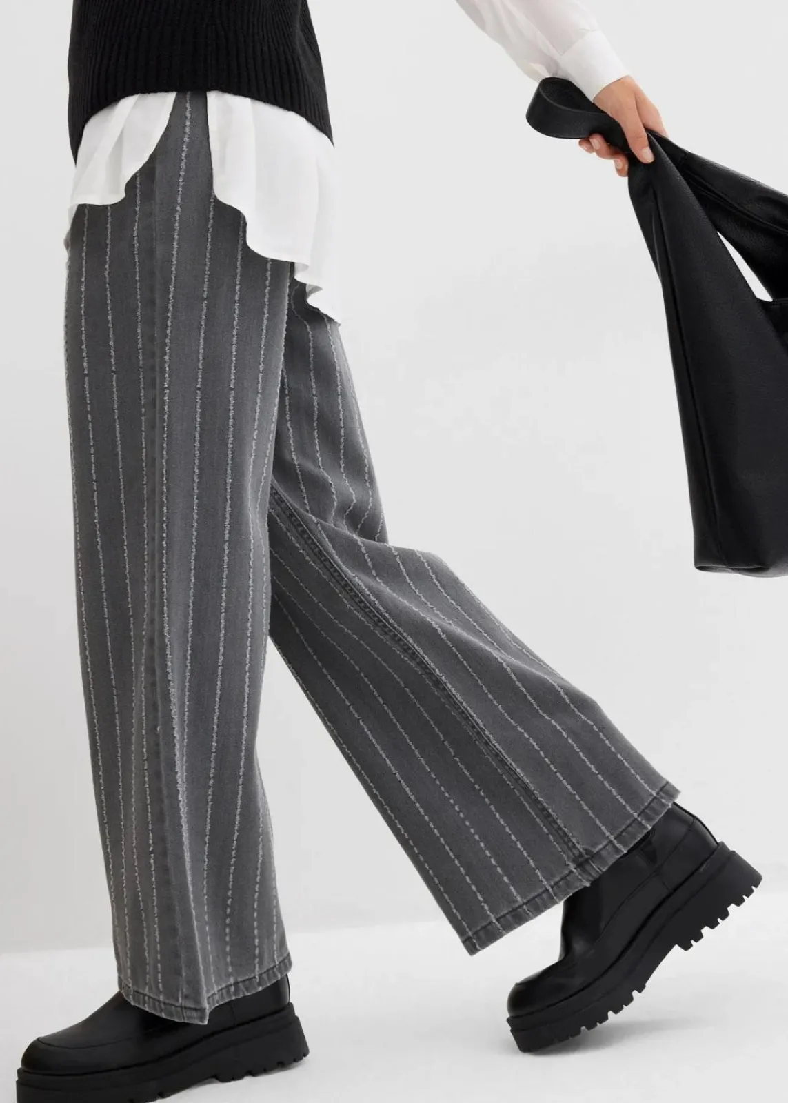 bonprix Bekleidung·Shirts & Tops|Jeans^Wide-Leg-Jeans High Waist mit Destroyed Effekten grau denim used