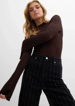 bonprix Jeans|Bekleidung·Shirts & Tops^Wide-Leg-Jeans High Waist mit Destroyed Effekten schwarz denim used