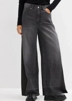 bonprix Bekleidung·Shirts & Tops|Jeans^Wide-Leg-Jeans High Waist mit Einsatz dunkelgrau denim used