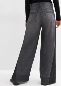 bonprix Bekleidung·Shirts & Tops|Jeans^Wide-Leg-Jeans High Waist mit Einsatz dunkelgrau denim used