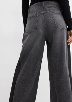 bonprix Bekleidung·Shirts & Tops|Jeans^Wide-Leg-Jeans High Waist mit Einsatz dunkelgrau denim used