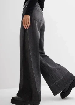 bonprix Bekleidung·Shirts & Tops|Jeans^Wide-Leg-Jeans High Waist mit Einsatz dunkelgrau denim used