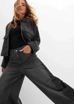 bonprix Bekleidung·Shirts & Tops|Jeans^Wide-Leg-Jeans High Waist mit Einsatz dunkelgrau denim used