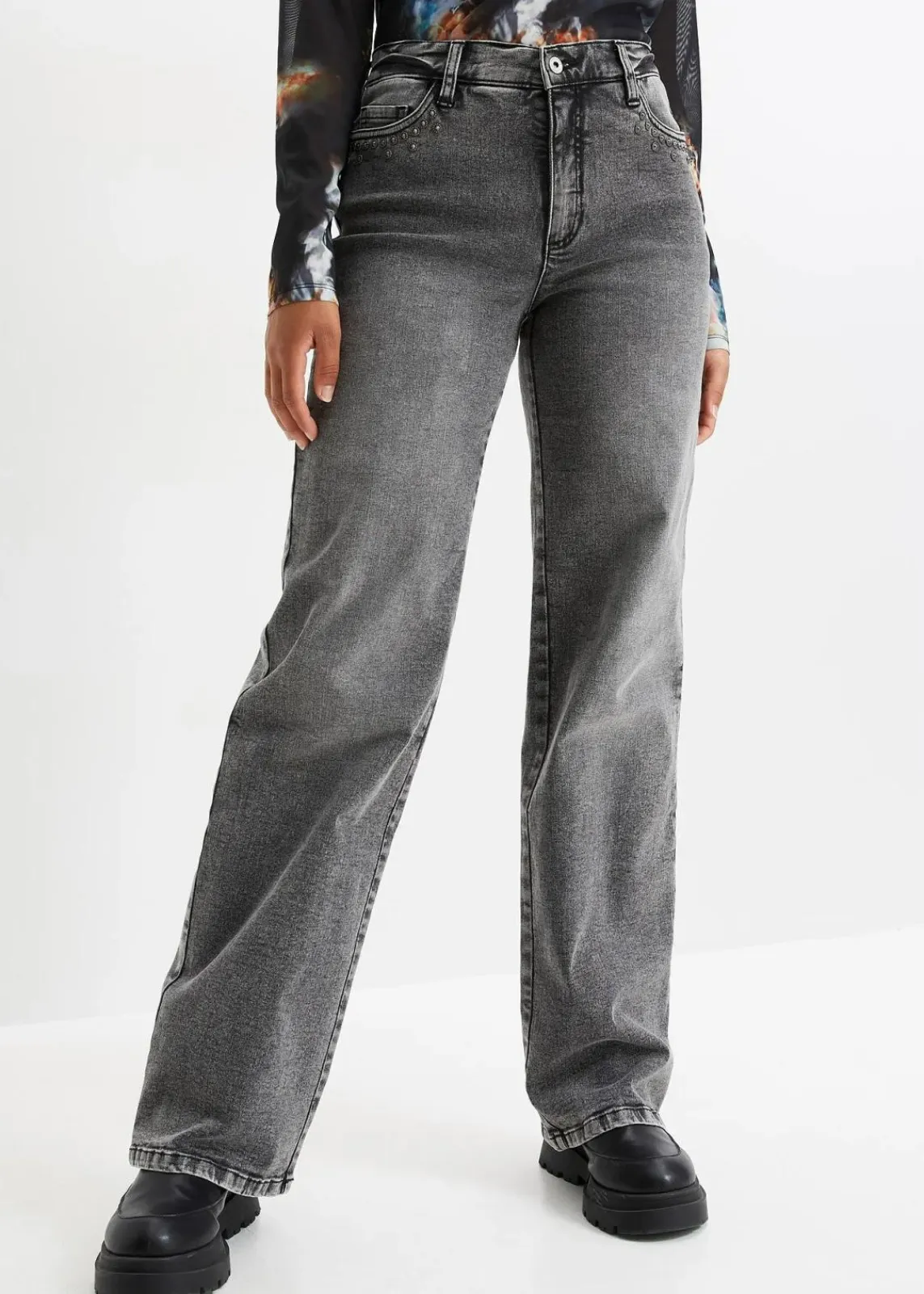 bonprix Jeans^Wide-Leg-Jeans, High Waist mit Nietenbesatz grau denim