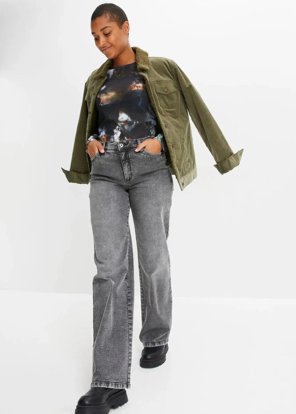 bonprix Jeans^Wide-Leg-Jeans, High Waist mit Nietenbesatz grau denim