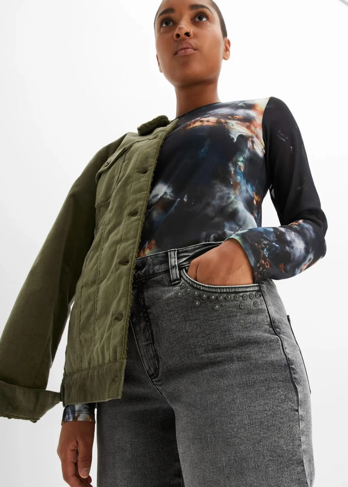 bonprix Jeans^Wide-Leg-Jeans, High Waist mit Nietenbesatz grau denim