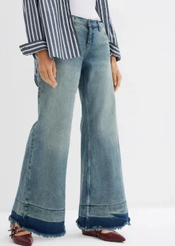 bonprix Kurzgrößen|Bekleidung·Shirts & Tops^Wide-Leg-Jeans Mid Waist hellblau denim used vintage