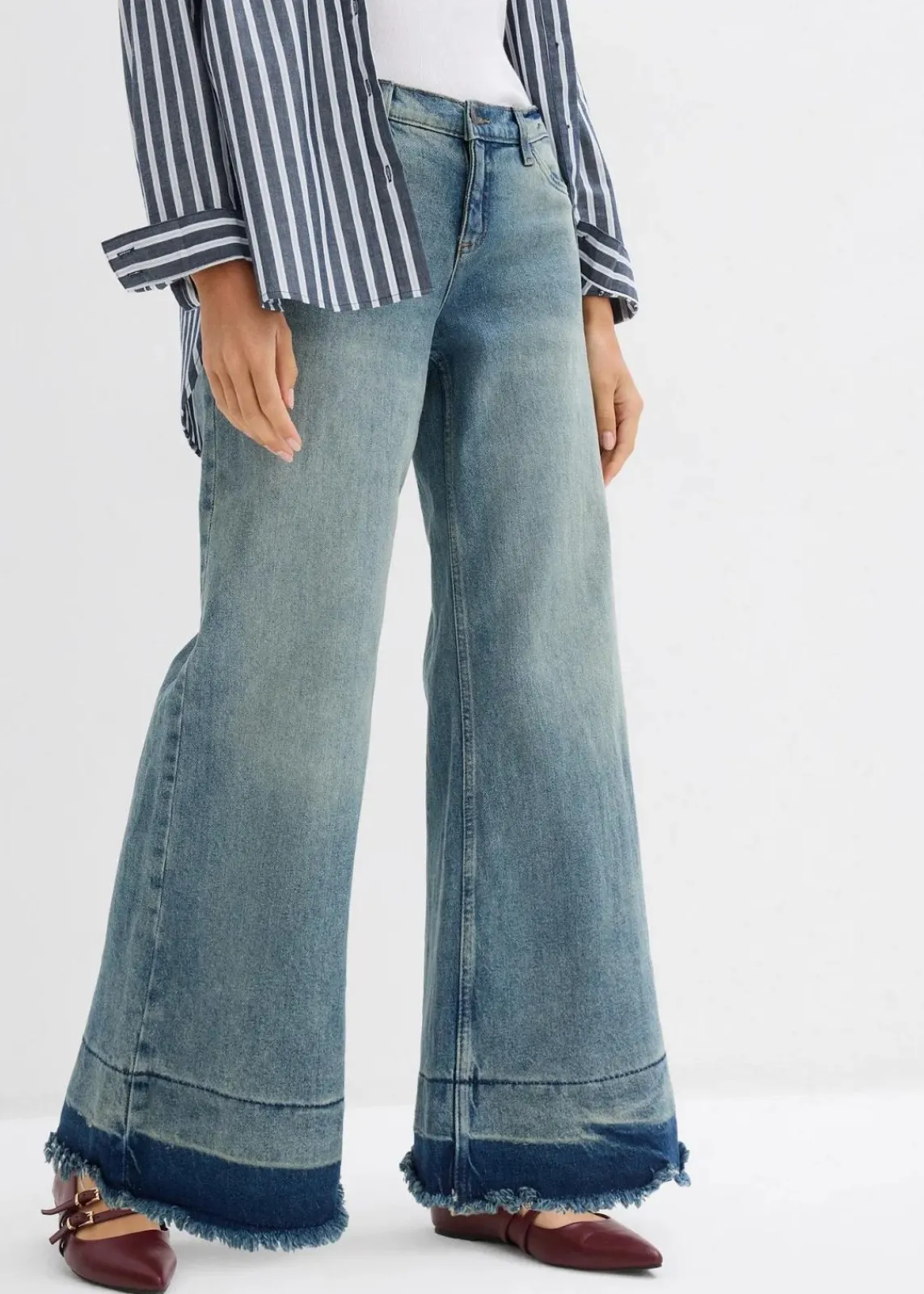bonprix Kurzgrößen|Bekleidung·Shirts & Tops^Wide-Leg-Jeans Mid Waist hellblau denim used vintage
