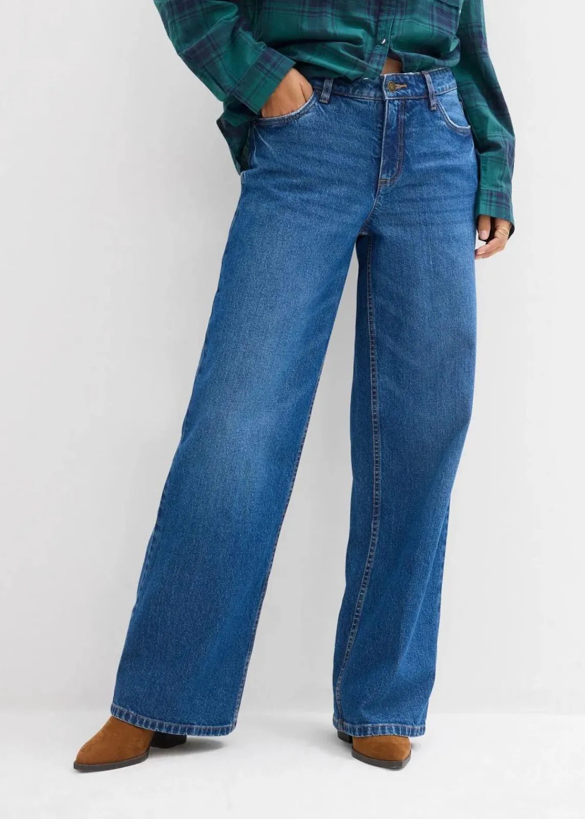 bonprix Jeans|Kurzgrößen^Wide-Leg-Jeans Mid Waist blau denim used