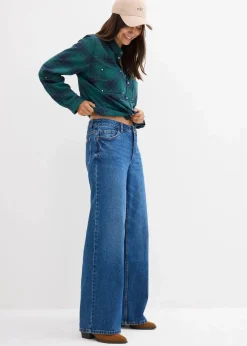 bonprix Jeans|Kurzgrößen^Wide-Leg-Jeans Mid Waist blau denim used