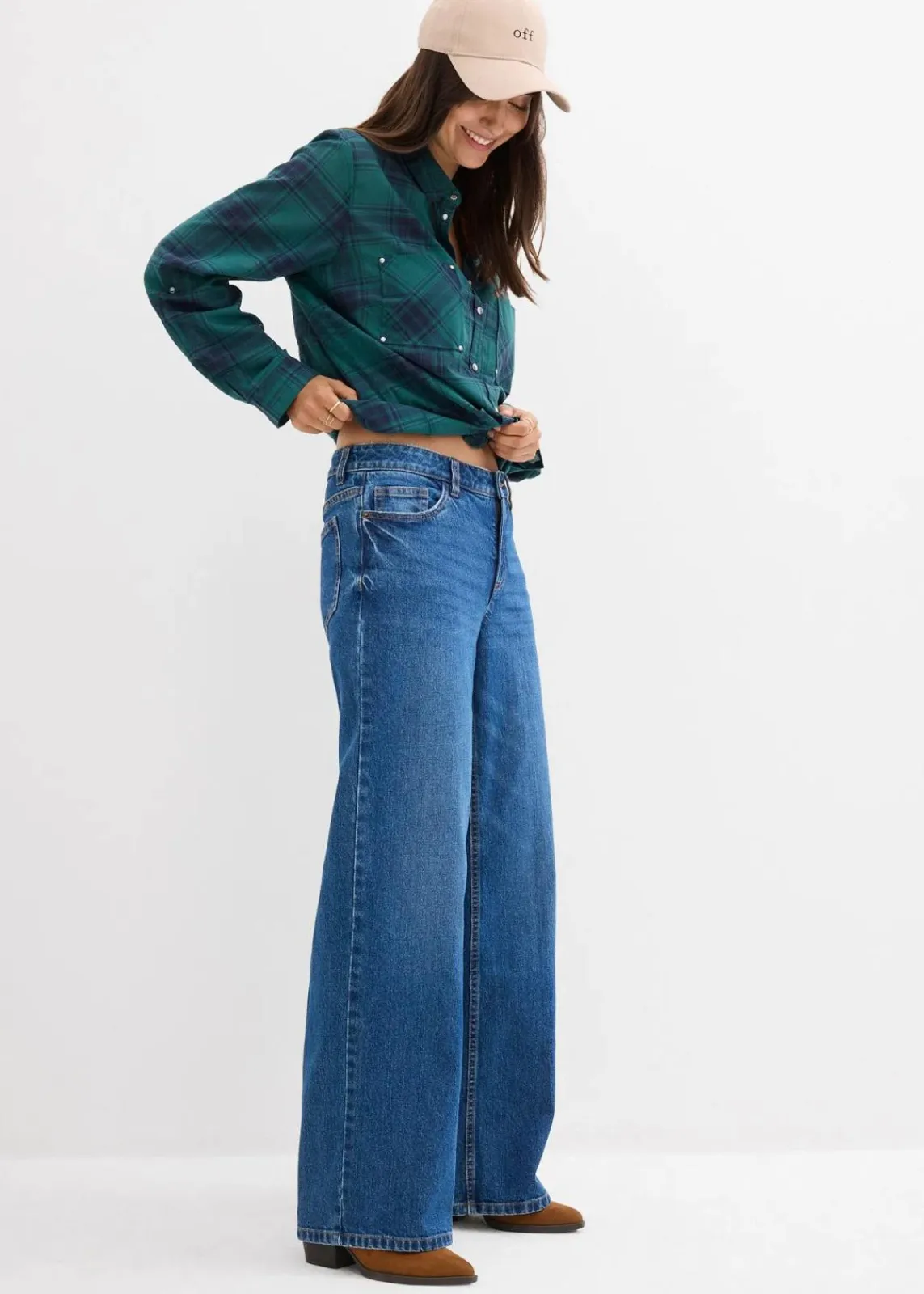 bonprix Jeans|Kurzgrößen^Wide-Leg-Jeans Mid Waist blau denim used