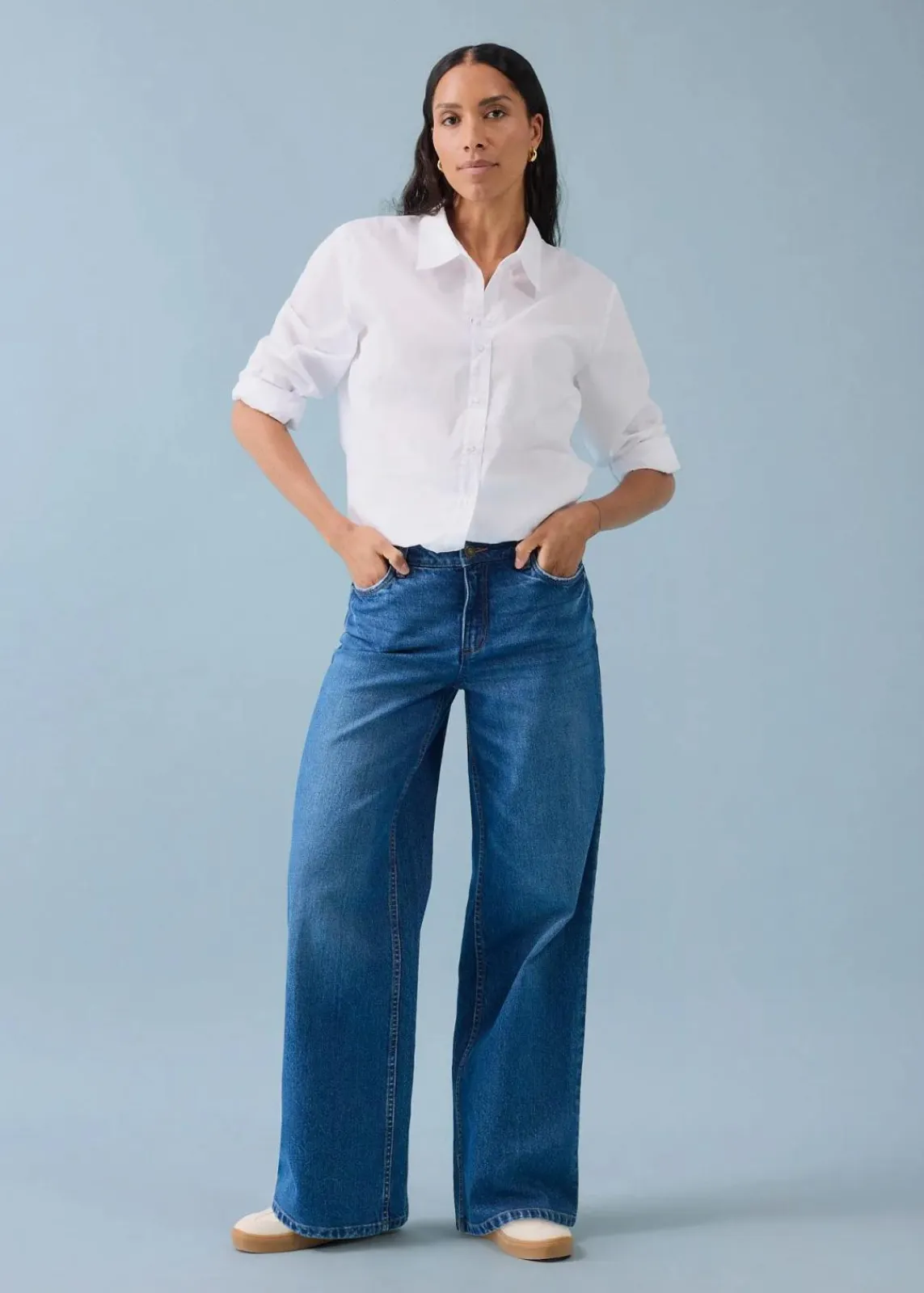 bonprix Jeans|Kurzgrößen^Wide-Leg-Jeans Mid Waist blau denim used