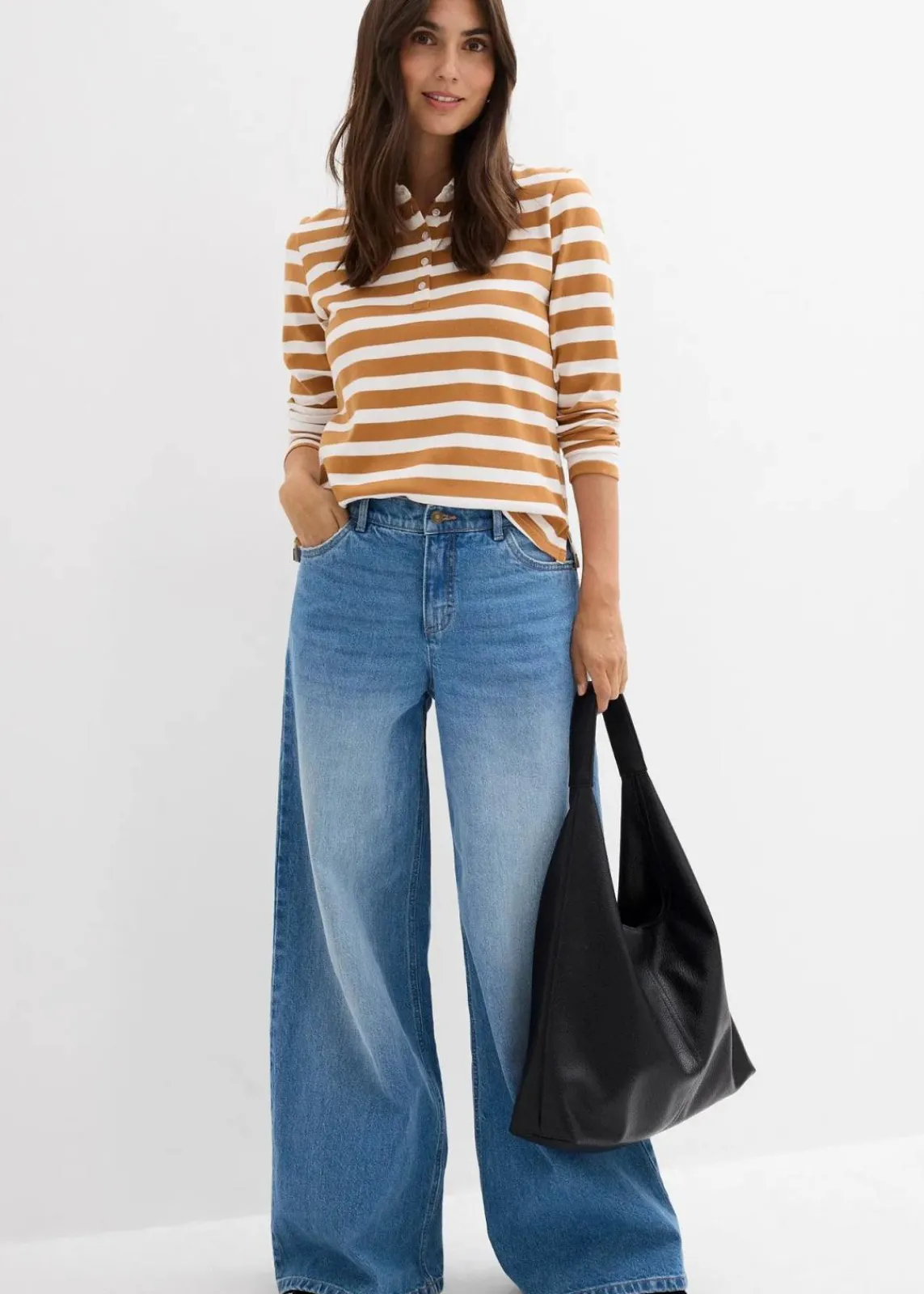 bonprix Kurzgrößen|Bekleidung·Shirts & Tops^Wide-Leg-Jeans Mid Waist mittelblau denim used