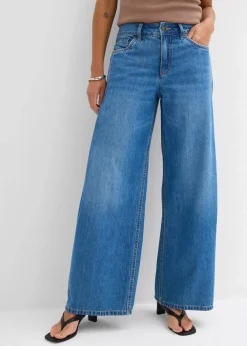 bonprix Jeans|Kurzgrößen^Wide-Leg-Jeans Mid Waist hellblau denim used