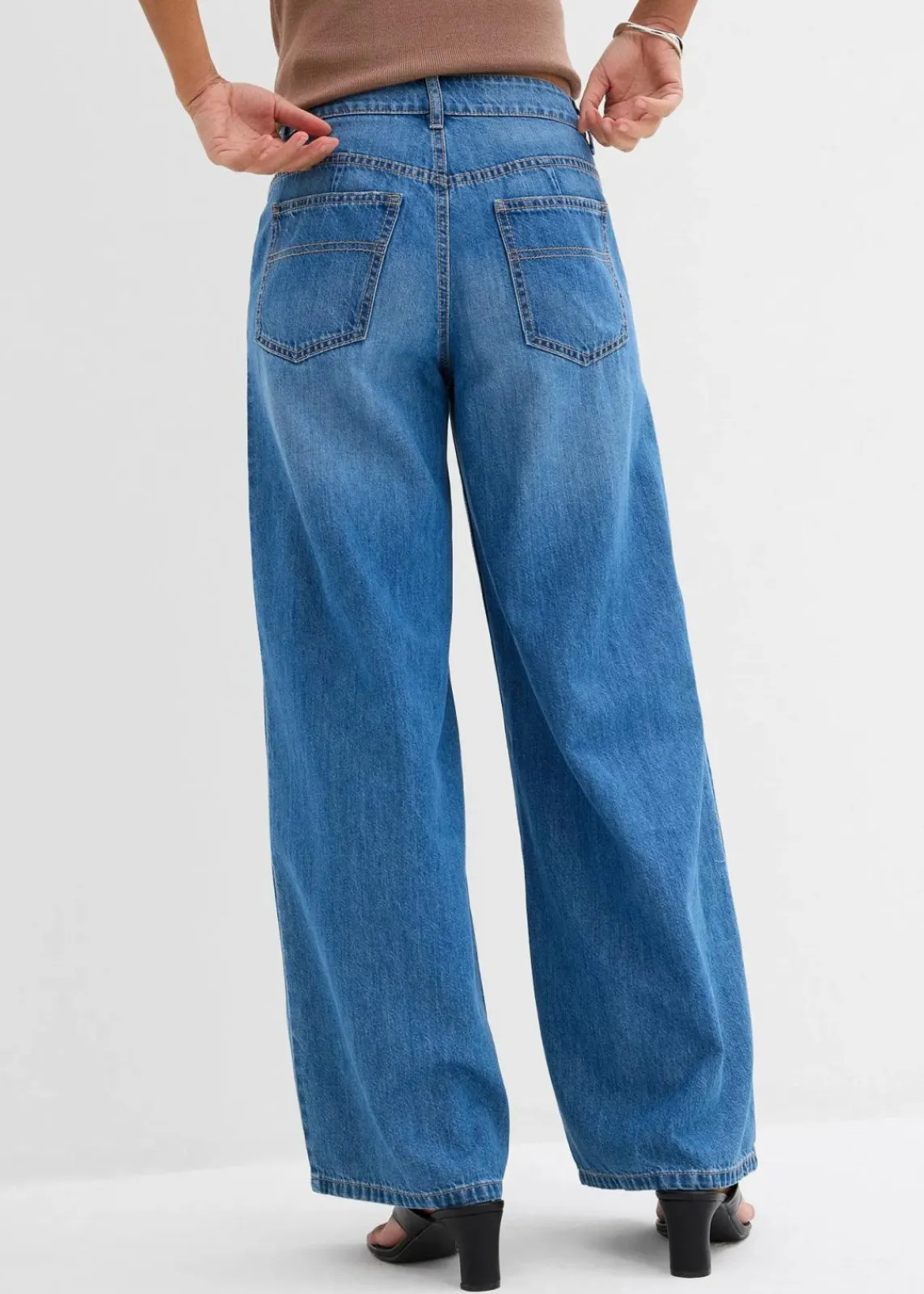 bonprix Jeans|Kurzgrößen^Wide-Leg-Jeans Mid Waist hellblau denim used