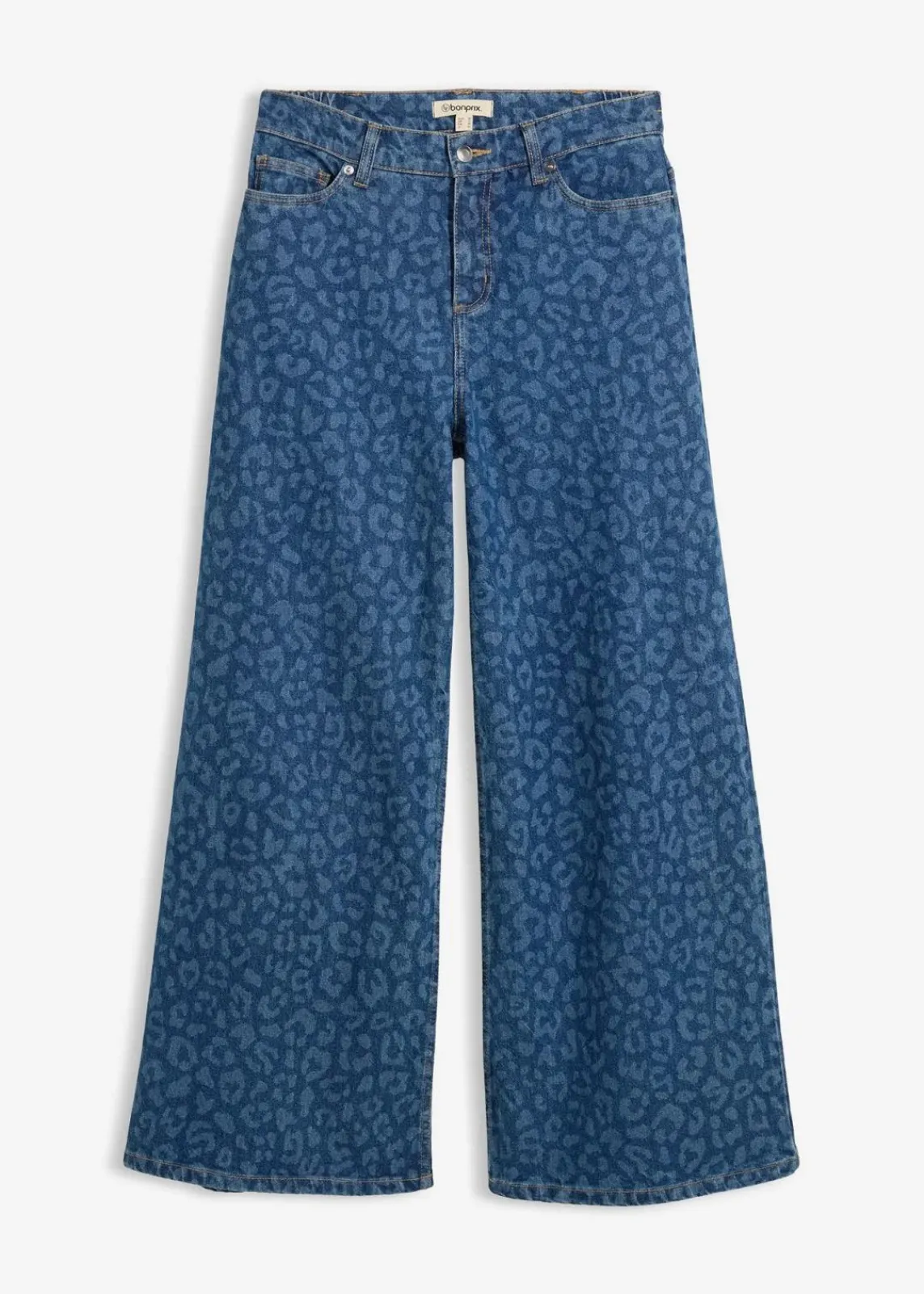 bonprix Kurzgrößen|Bekleidung·Shirts & Tops^Wide-Leg-Jeans Mid Waist blau denim leo bedruckt