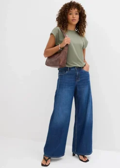 bonprix Jeans|Kurzgrößen^Wide-Leg-Jeans Mid Waist blau denim used