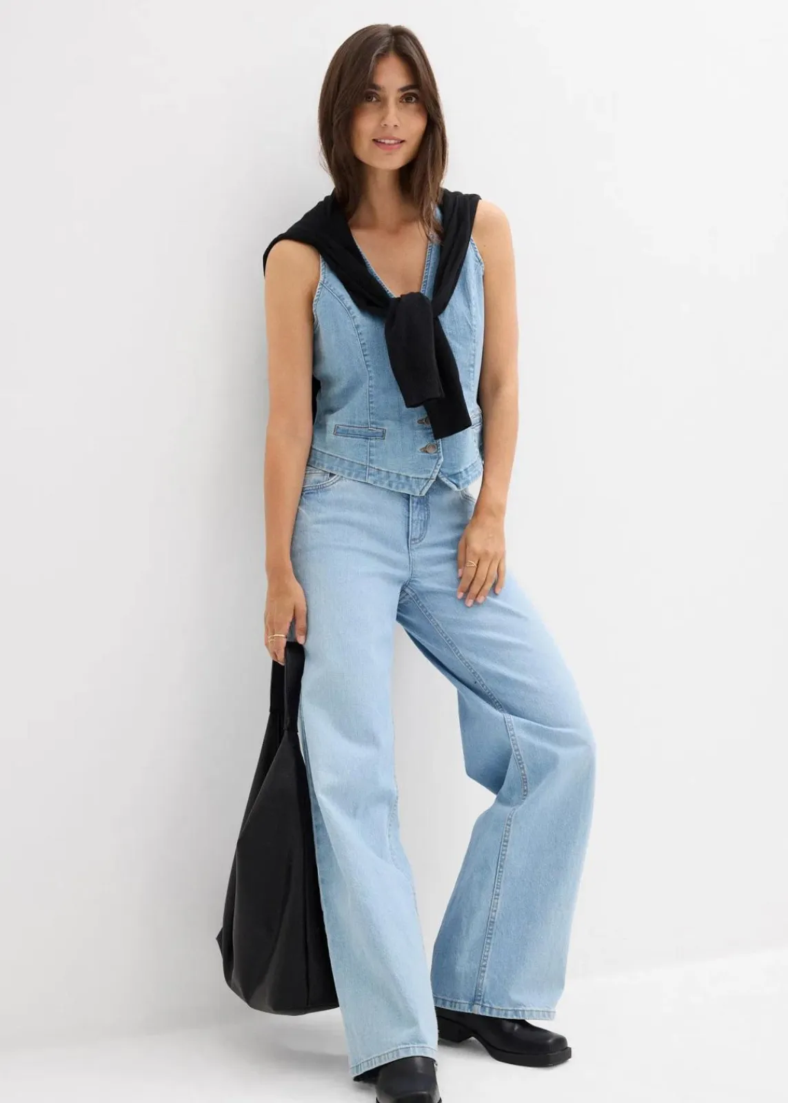 bonprix Jeans|Kurzgrößen^Wide-Leg-Jeans Mid Waist eisblau denim used