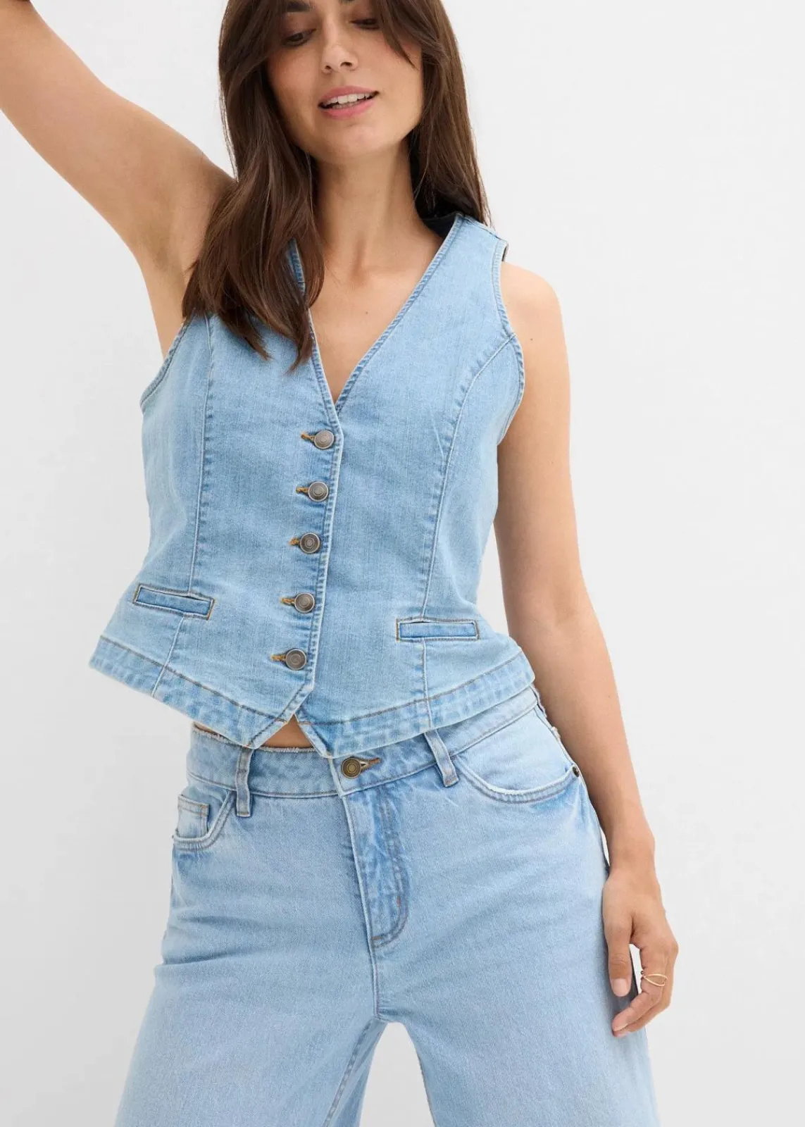 bonprix Jeans|Kurzgrößen^Wide-Leg-Jeans Mid Waist eisblau denim used
