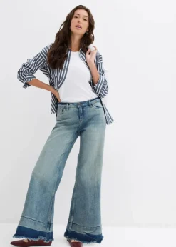 bonprix Jeans|Kurzgrößen^Wide-Leg-Jeans Mid Waist hellblau denim used vintage