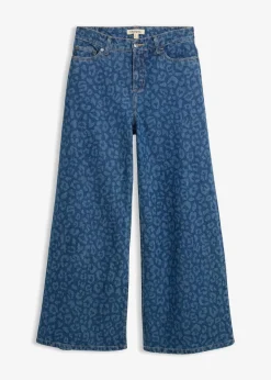 bonprix Kurzgrößen|Jeans^Wide-Leg-Jeans Mid Waist blau denim leo bedruckt