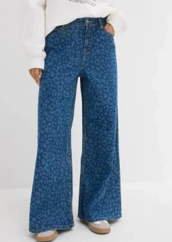 bonprix Kurzgrößen|Jeans^Wide-Leg-Jeans Mid Waist blau denim leo bedruckt