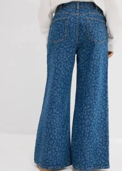 bonprix Kurzgrößen|Jeans^Wide-Leg-Jeans Mid Waist blau denim leo bedruckt