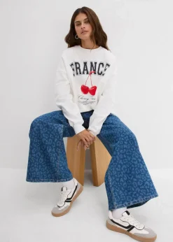 bonprix Kurzgrößen|Jeans^Wide-Leg-Jeans Mid Waist blau denim leo bedruckt