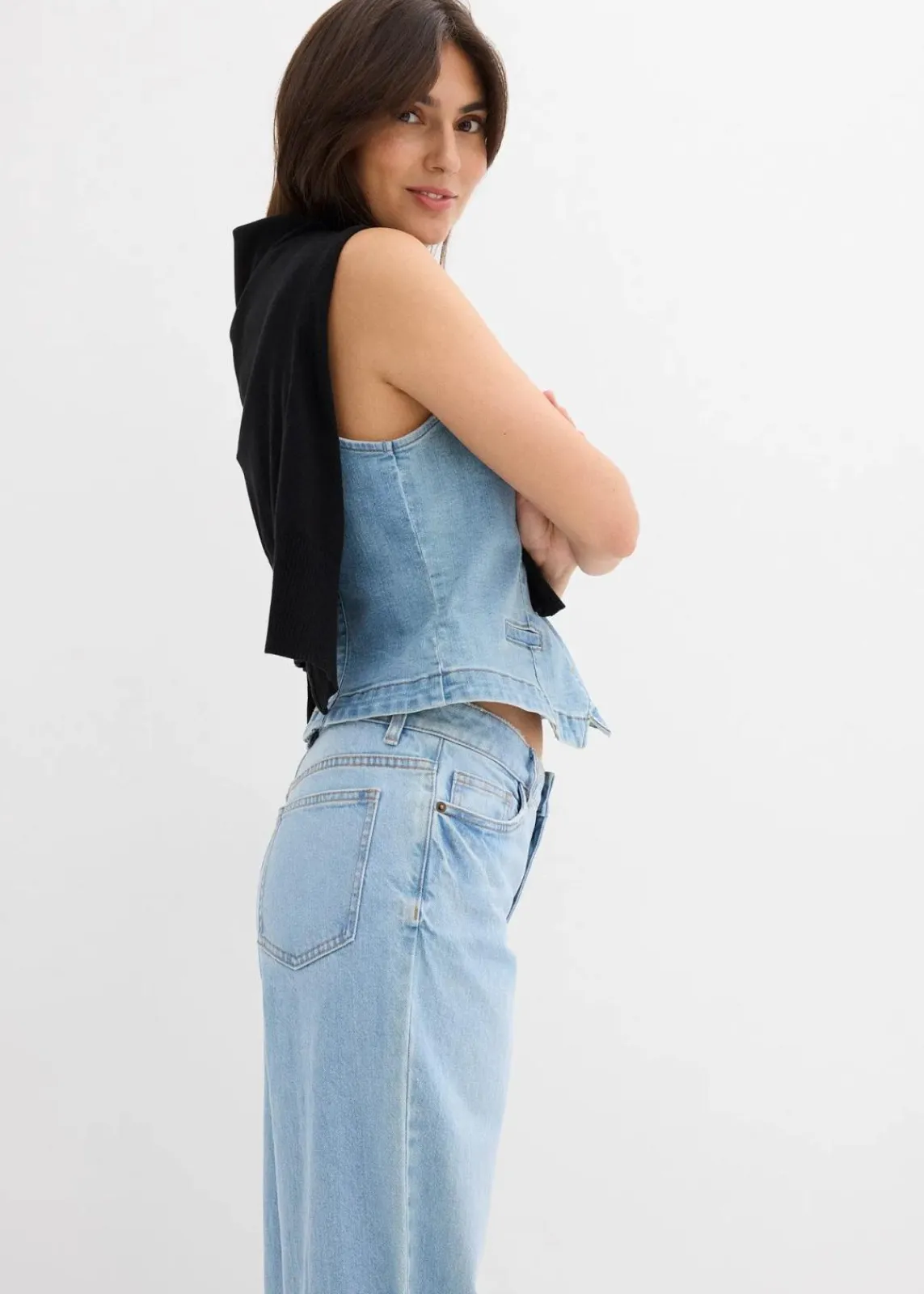 bonprix Jeans|Kurzgrößen^Wide-Leg-Jeans Mid Waist eisblau denim used