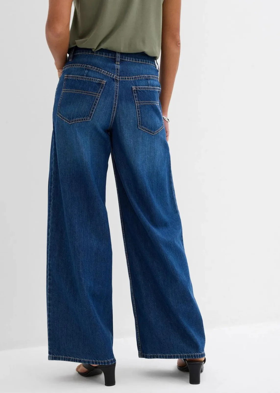 bonprix Jeans|Kurzgrößen^Wide-Leg-Jeans Mid Waist blau denim used