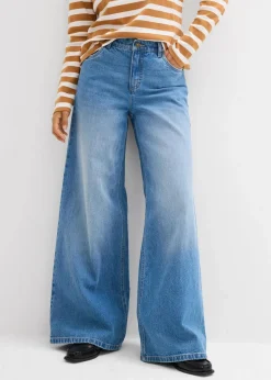 bonprix Jeans|Kurzgrößen^Wide-Leg-Jeans Mid Waist mittelblau denim used