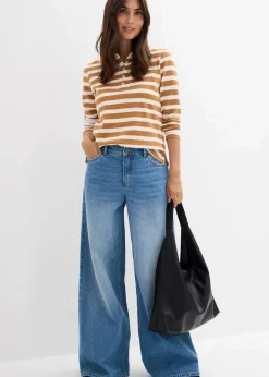 bonprix Jeans|Kurzgrößen^Wide-Leg-Jeans Mid Waist mittelblau denim used
