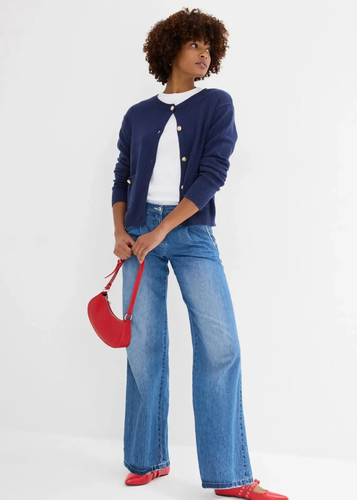 bonprix Jeans|Kurzgrößen^Wide-Leg-Jeans, Mid Waist hellblau denim used