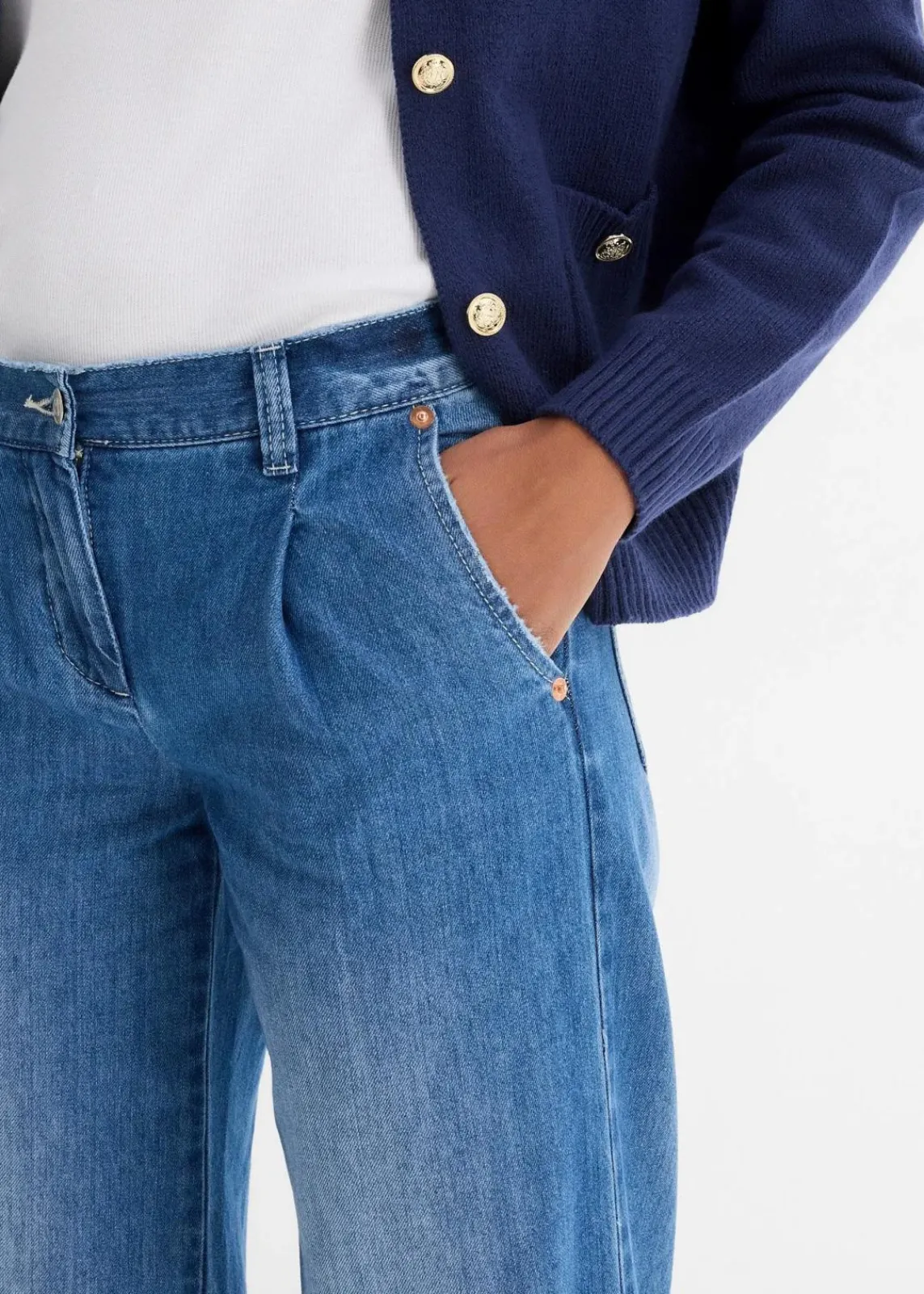 bonprix Jeans|Kurzgrößen^Wide-Leg-Jeans, Mid Waist hellblau denim used