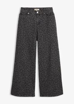 bonprix Kurzgrößen|Bekleidung·Shirts & Tops^Wide-Leg-Jeans Mid Waist dunkelgrau denim leo bedruckt