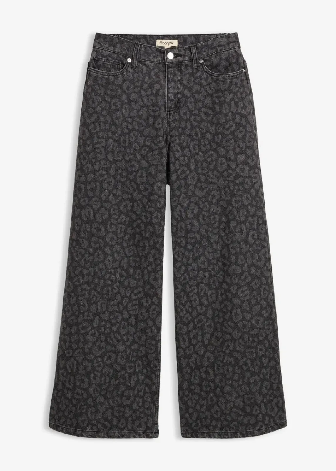 bonprix Kurzgrößen|Bekleidung·Shirts & Tops^Wide-Leg-Jeans Mid Waist dunkelgrau denim leo bedruckt