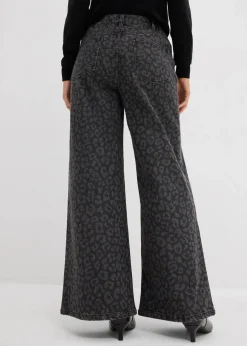bonprix Kurzgrößen|Bekleidung·Shirts & Tops^Wide-Leg-Jeans Mid Waist dunkelgrau denim leo bedruckt