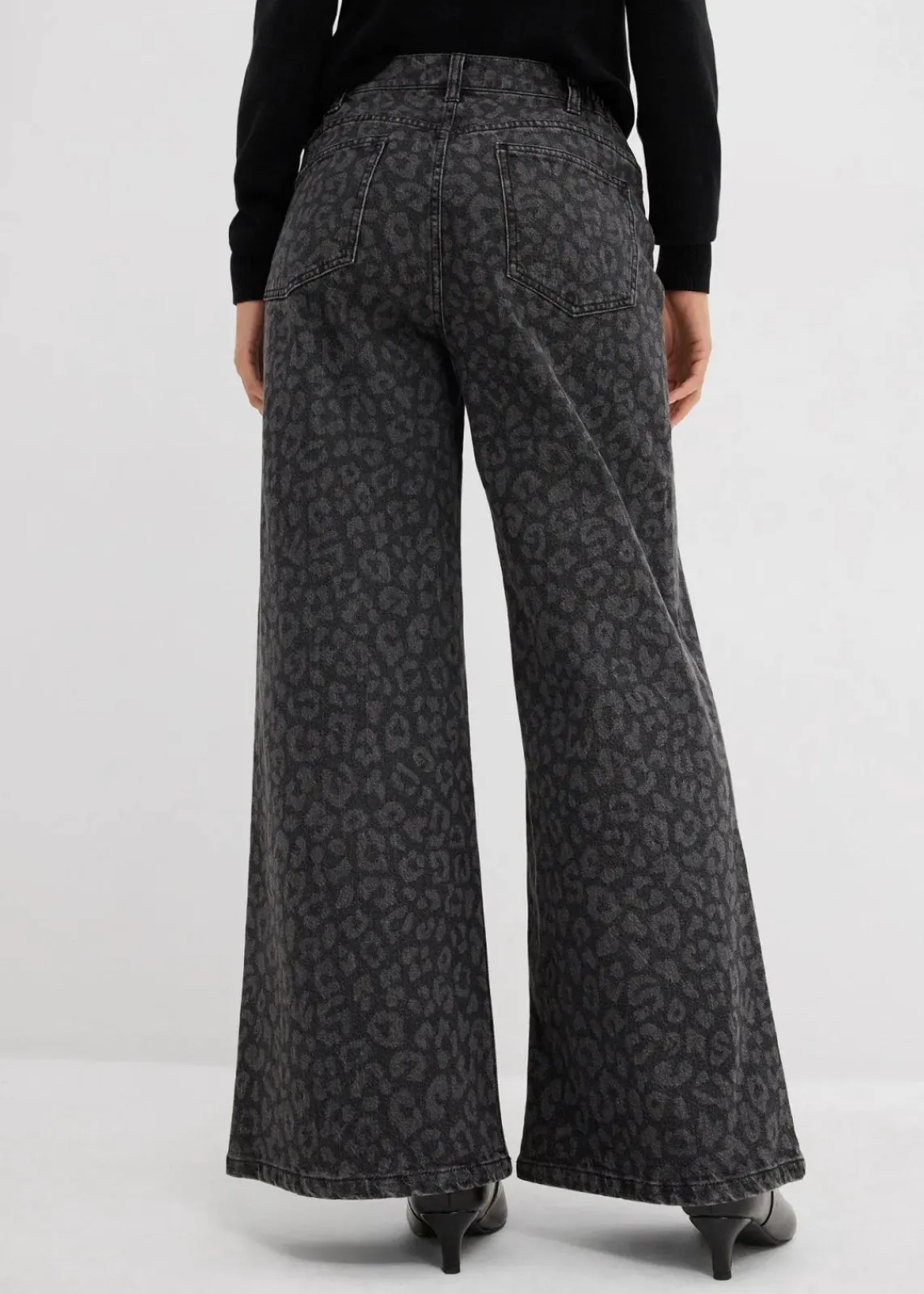 bonprix Kurzgrößen|Bekleidung·Shirts & Tops^Wide-Leg-Jeans Mid Waist dunkelgrau denim leo bedruckt