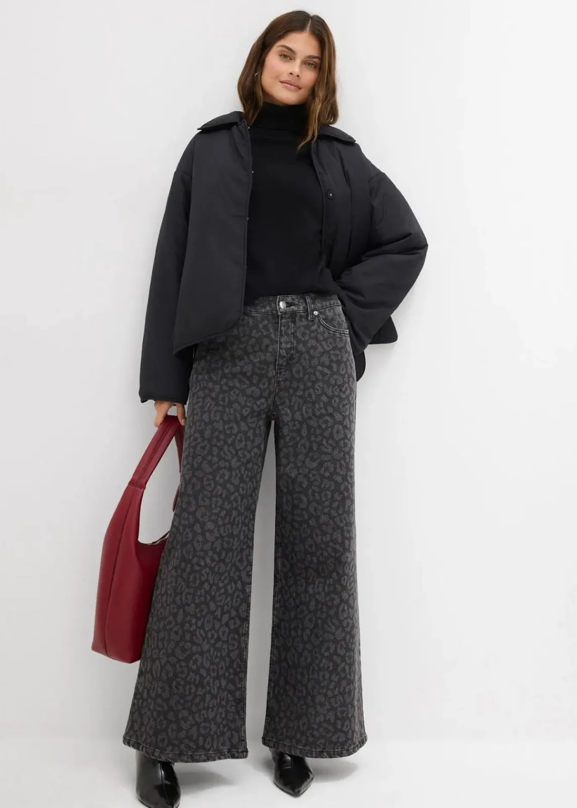 bonprix Kurzgrößen|Bekleidung·Shirts & Tops^Wide-Leg-Jeans Mid Waist dunkelgrau denim leo bedruckt