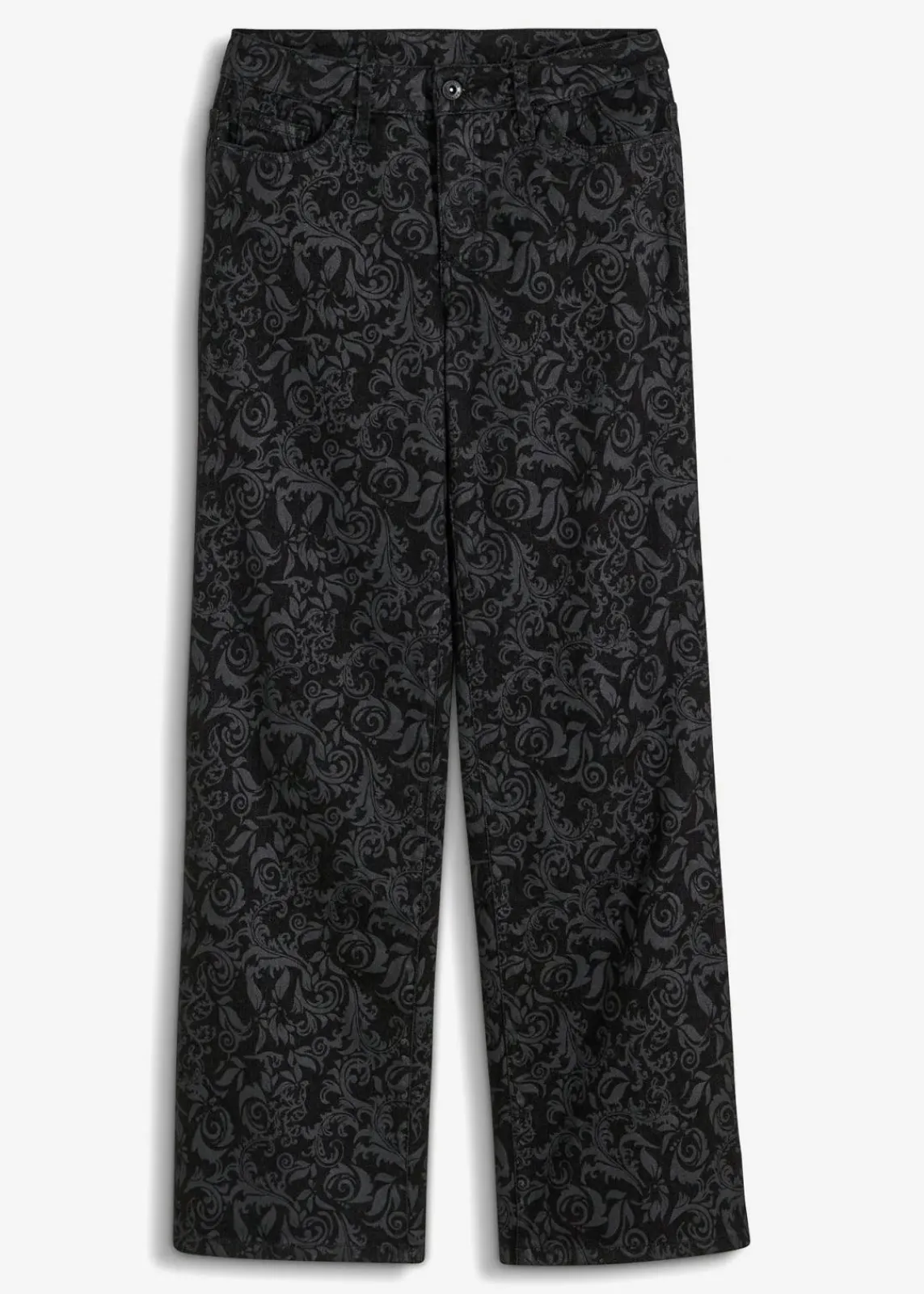 bonprix Bekleidung·Shirts & Tops|Jeans^Wide-Leg-Jeans, Mid Waist mit Glanzmuster schwarz denim