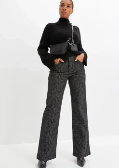 bonprix Bekleidung·Shirts & Tops|Jeans^Wide-Leg-Jeans, Mid Waist mit Glanzmuster schwarz denim
