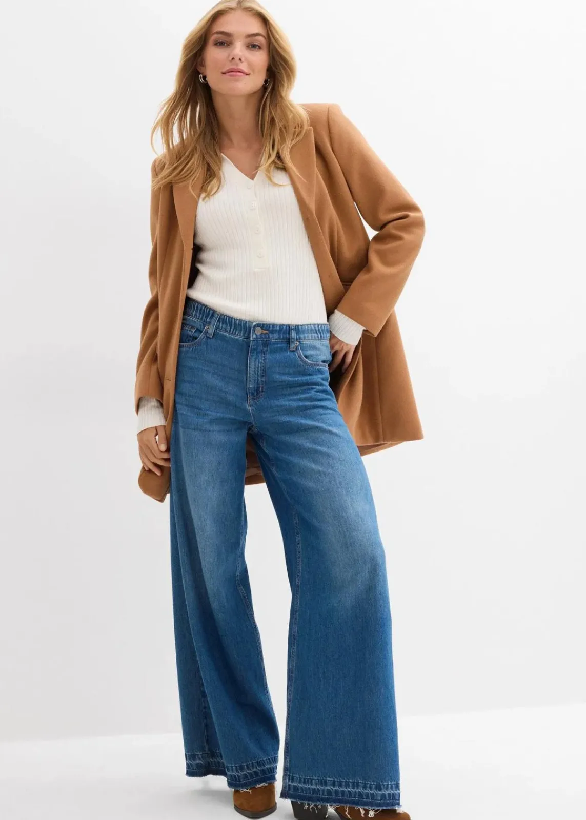 bonprix Jeans|Kurzgrößen^Wide-Leg-Jeans Mid Waist, Bequembund blau denim used