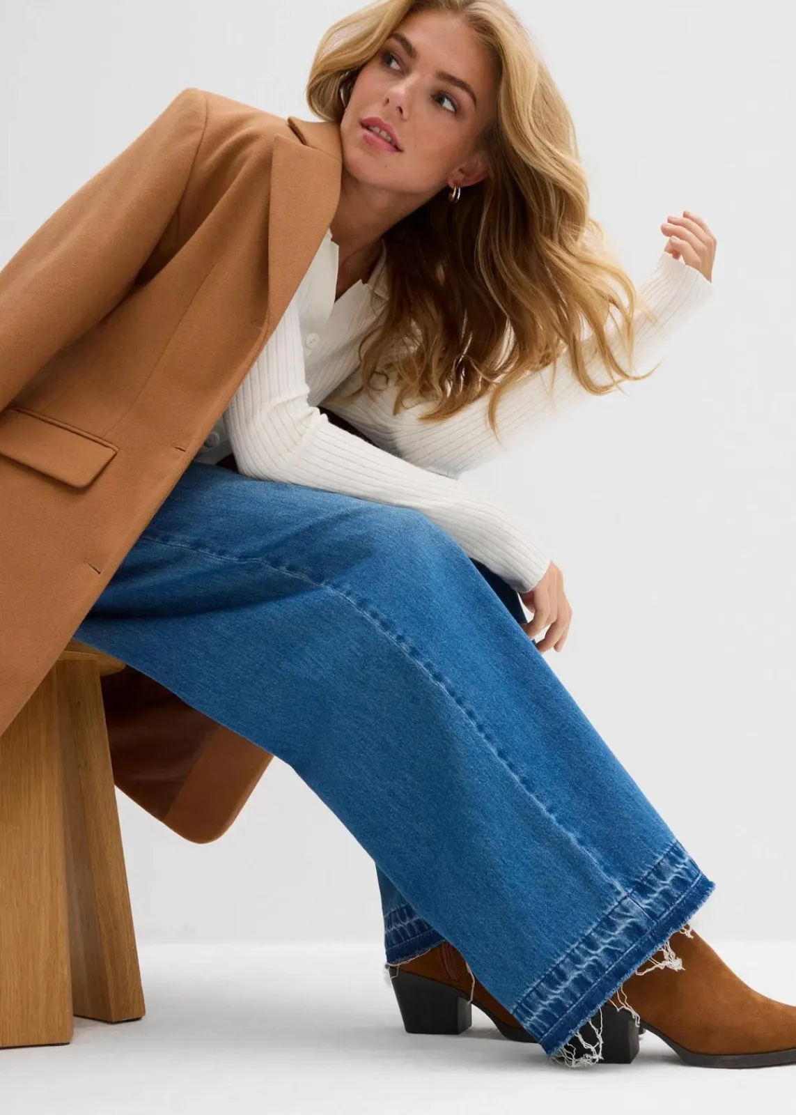 bonprix Jeans|Kurzgrößen^Wide-Leg-Jeans Mid Waist, Bequembund blau denim used