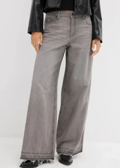 bonprix Kurzgrößen|Bekleidung·Shirts & Tops^Wide-Leg-Jeans Mid Waist, Bequembund hellgrau denim used