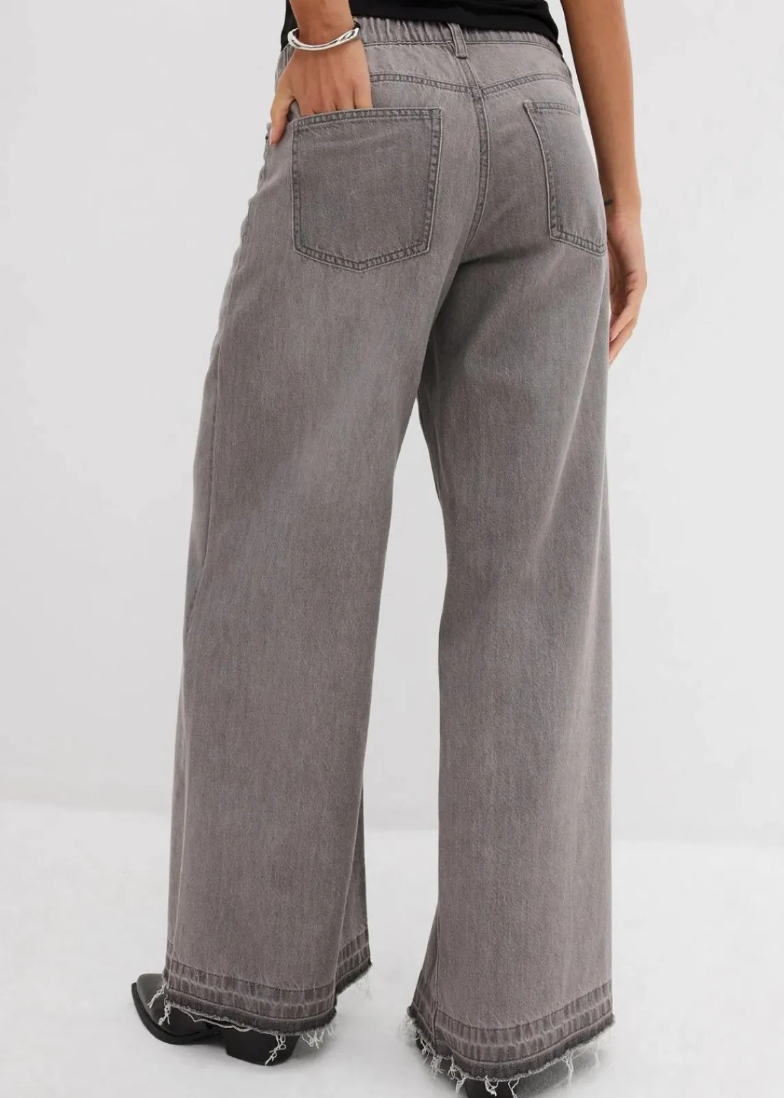 bonprix Kurzgrößen|Bekleidung·Shirts & Tops^Wide-Leg-Jeans Mid Waist, Bequembund hellgrau denim used