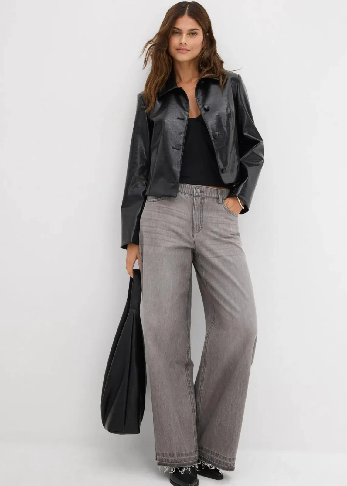 bonprix Kurzgrößen|Bekleidung·Shirts & Tops^Wide-Leg-Jeans Mid Waist, Bequembund hellgrau denim used