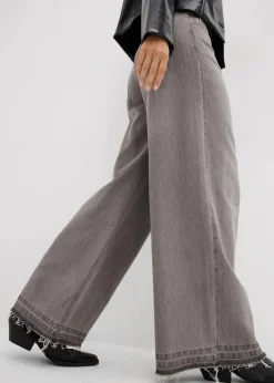 bonprix Kurzgrößen|Bekleidung·Shirts & Tops^Wide-Leg-Jeans Mid Waist, Bequembund hellgrau denim used